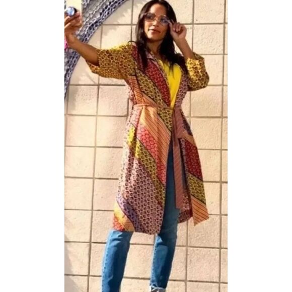 CAbi Poet Jacket Coat Patchwork Belted Pockets Boho Flowy SZ L - Picture 1 of 13